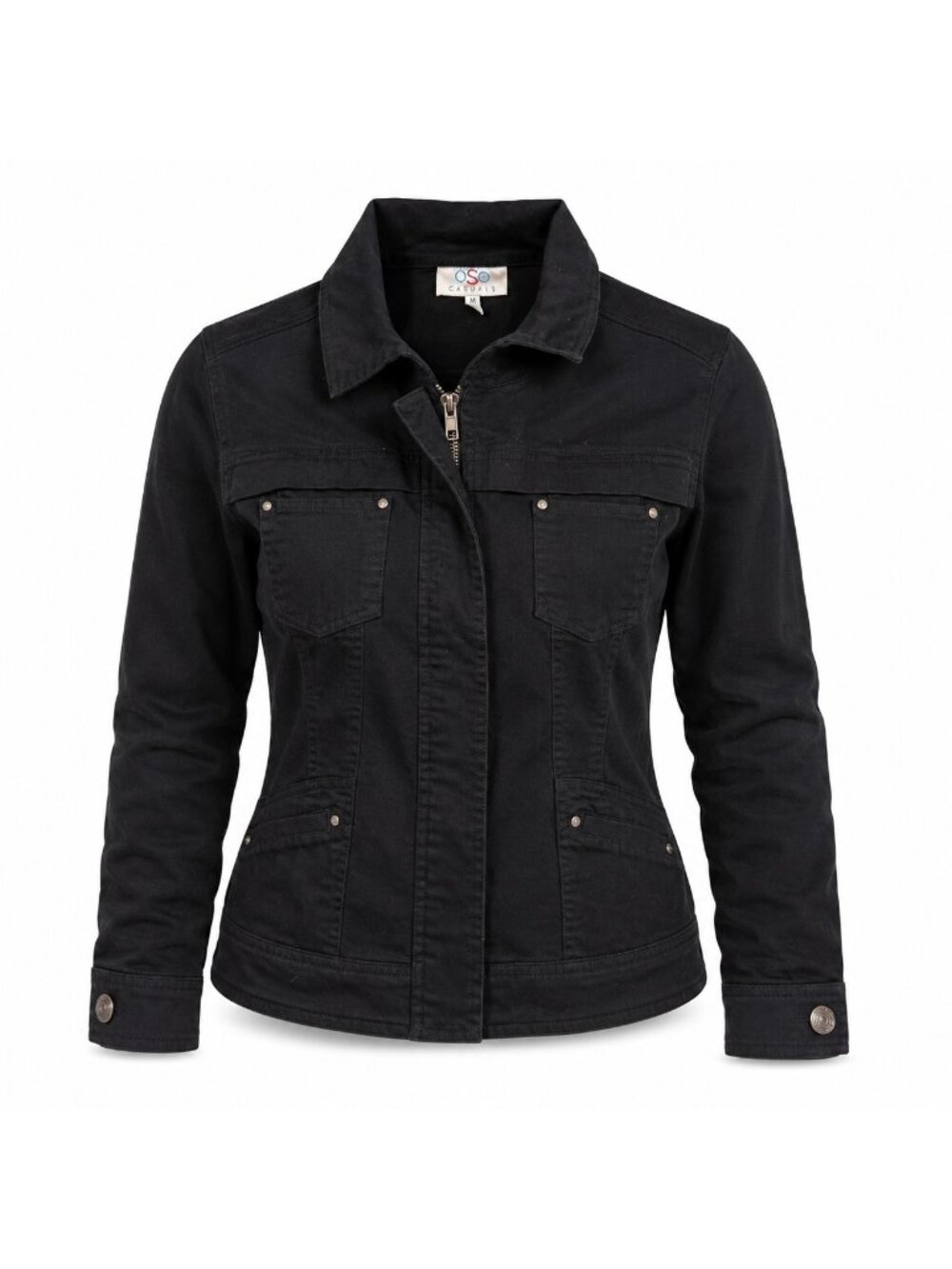 OSO Casuals Women’s Black Utility Jacket Full Zip Hidden Placket Cotton Size M